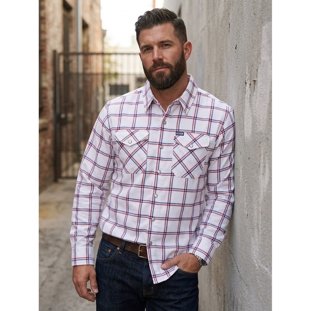 Dixxon Flannel Co Cross Check D-Tech Plaid Shirt White Red Blue Mens XS